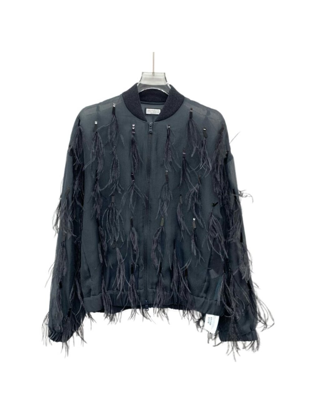 Brunello Cucinelli Black Ostrich Feather Sequin Silk Stand-Collar Zip Jacket